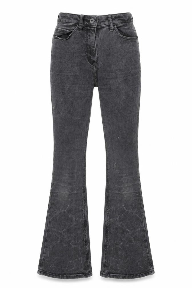 Front view of Collusion women’s grey cotton flared jeans, size UK 24, in, 27-inch leg regular zip