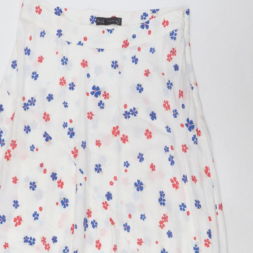 Marks and Spencer Womens White Geometric Viscose A-Line Skirt Size 12 Zip - Frill