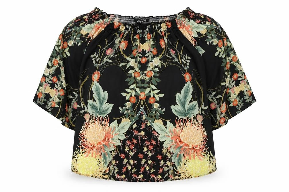 Front view of Julien Macdonald women’s multicoloured fair isle polyester basic blouse, size UK 12, off the shoulder