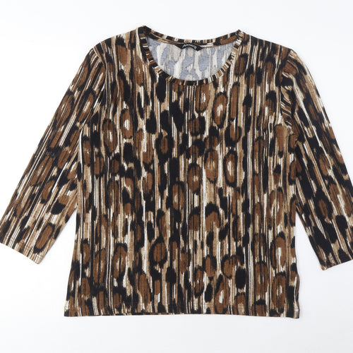 Alexara Womens Brown Geometric Polyester Basic T-Shirt Size 10 Crew Neck