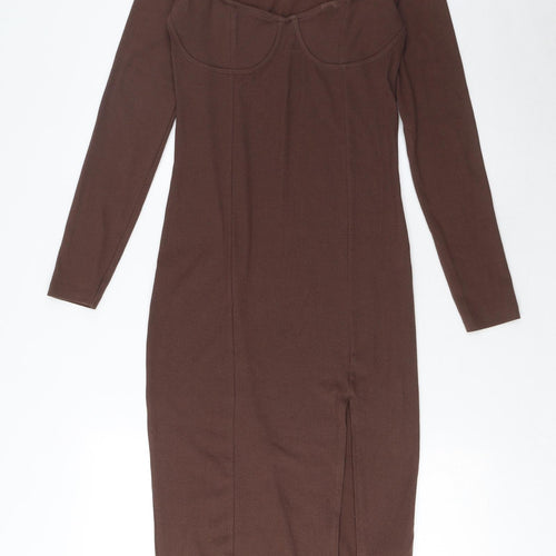Brave Soul Womens Brown Cotton Bodycon Size S Square Neck Pullover - Side Slit