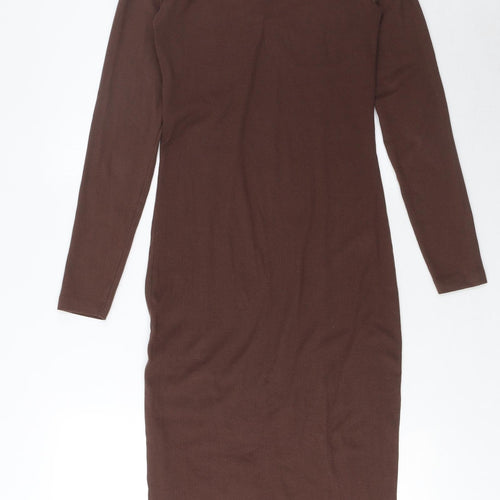 Brave Soul Womens Brown Cotton Bodycon Size S Square Neck Pullover - Side Slit