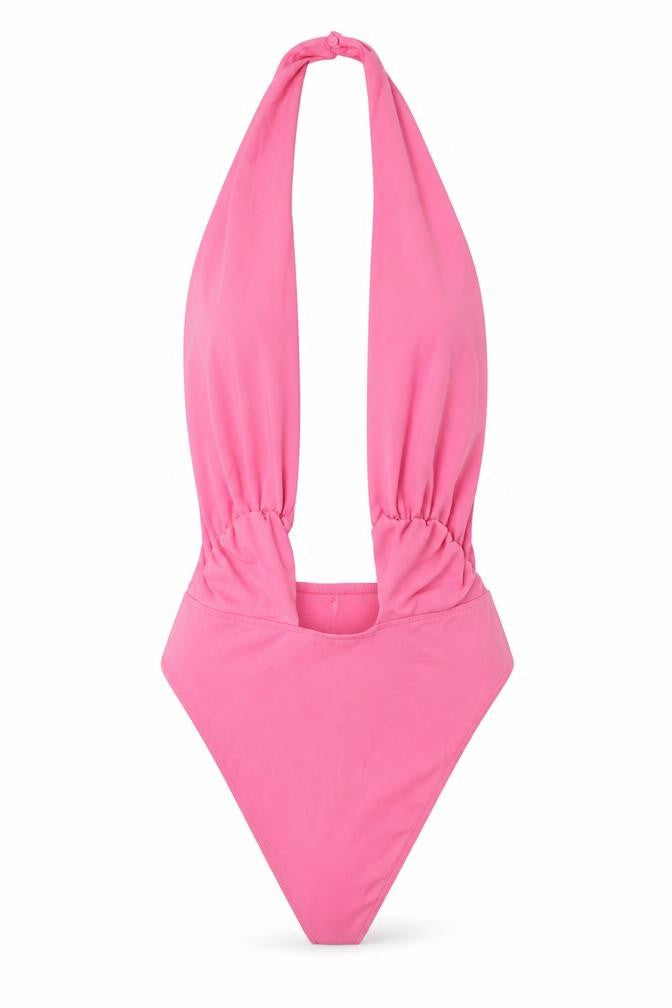 Front view of Zara women’s pink polyamide bodysuit one-piece, size M, snap - pleated, open back