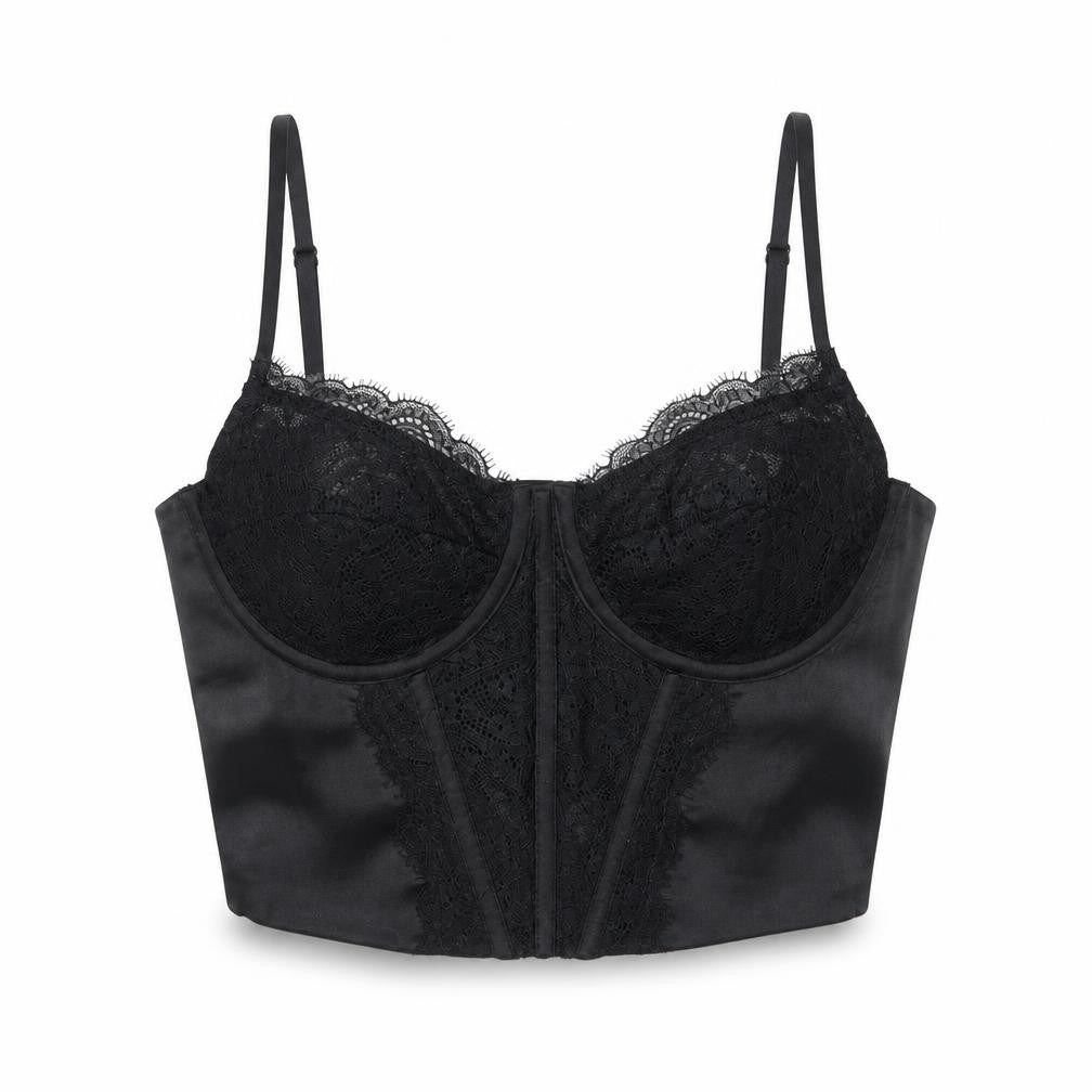 Stradivarius Womens Black Polyester Cropped Tank Size M Sweetheart - Lace