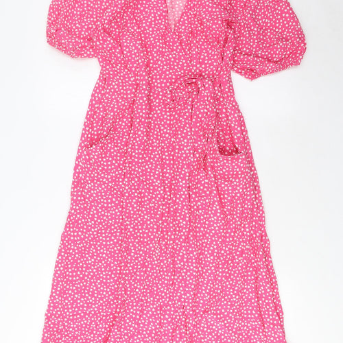 Marks and Spencer Womens Pink Geometric Viscose A-Line Size 12 V-Neck Button