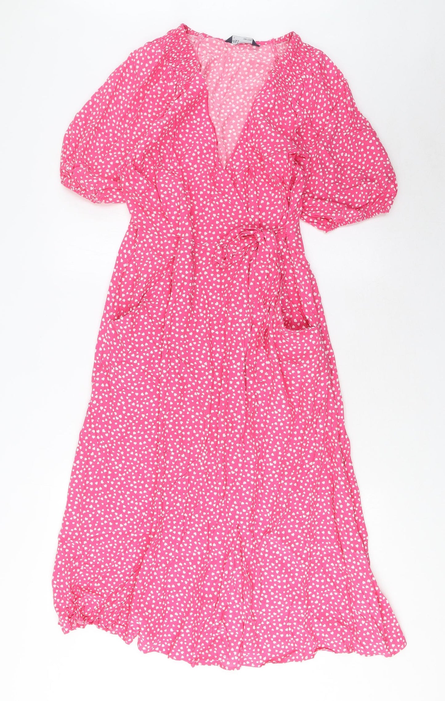 Marks and Spencer Womens Pink Geometric Viscose A-Line Size 12 V-Neck Button