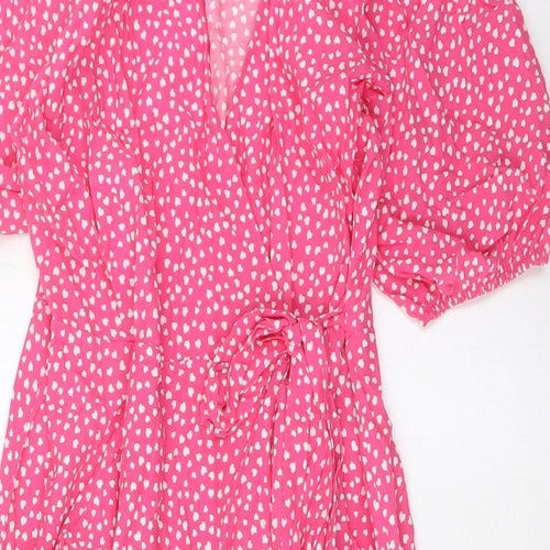 Marks and Spencer Womens Pink Geometric Viscose A-Line Size 12 V-Neck Button
