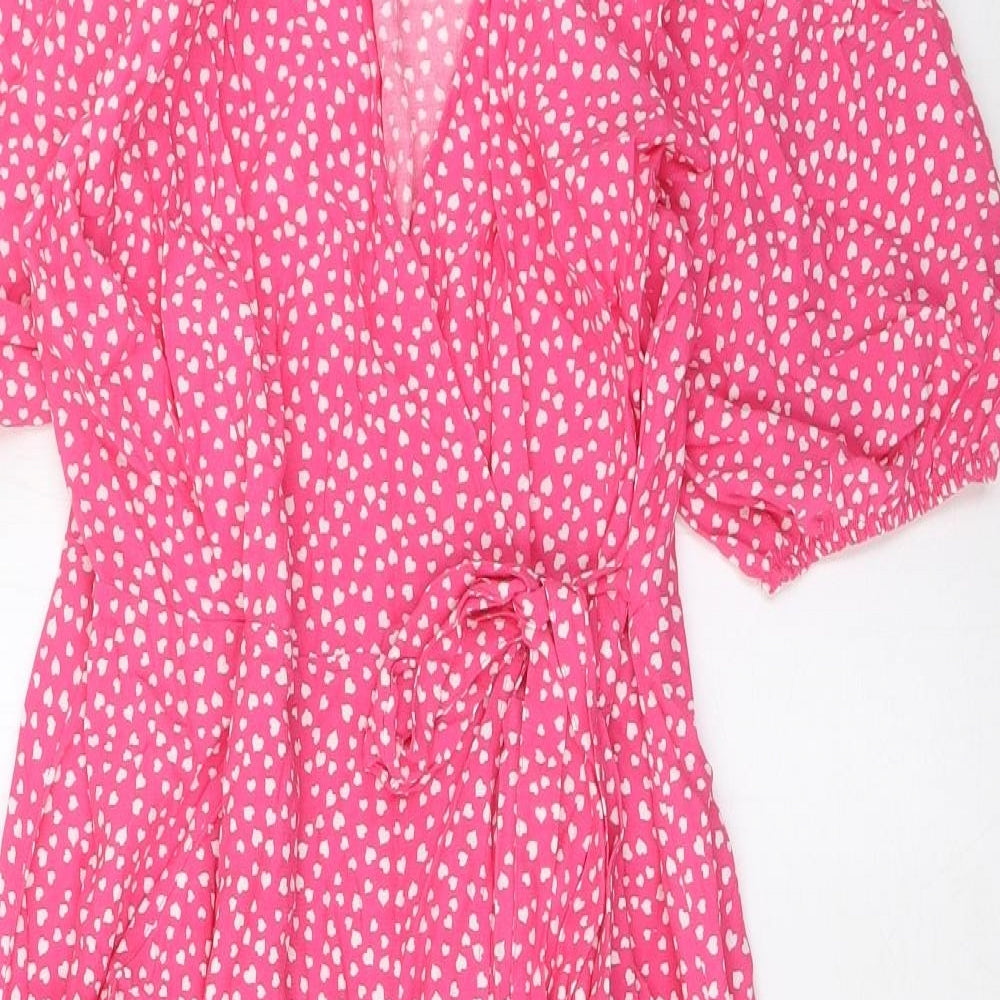 Marks and Spencer Womens Pink Geometric Viscose A-Line Size 12 V-Neck Button