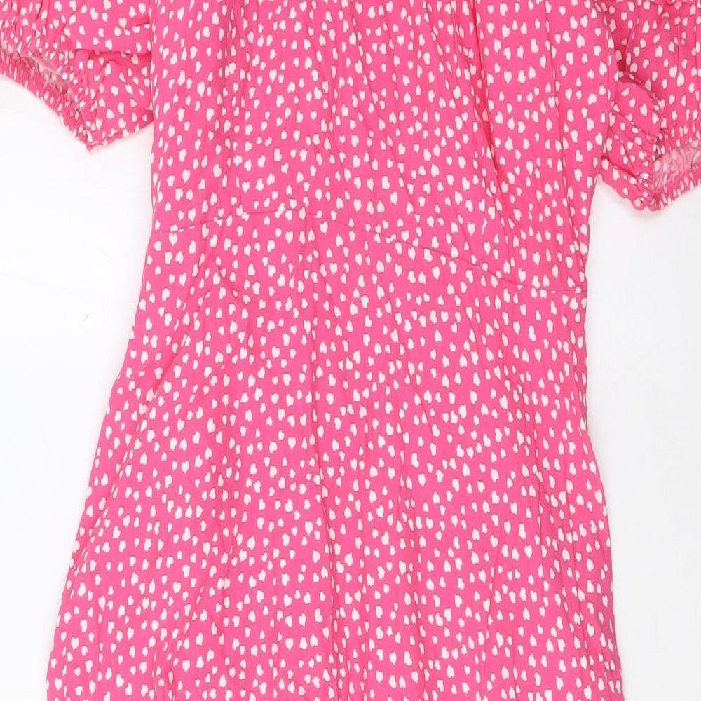 Marks and Spencer Womens Pink Geometric Viscose A-Line Size 12 V-Neck Button