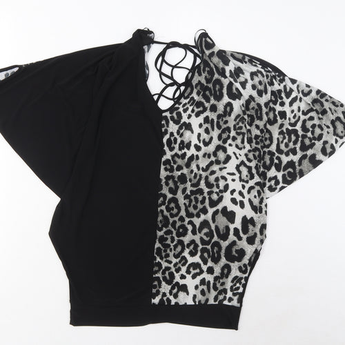 Tom Wolfe Womens Black Animal Print Polyester Basic T-Shirt Size 8 V-Neck