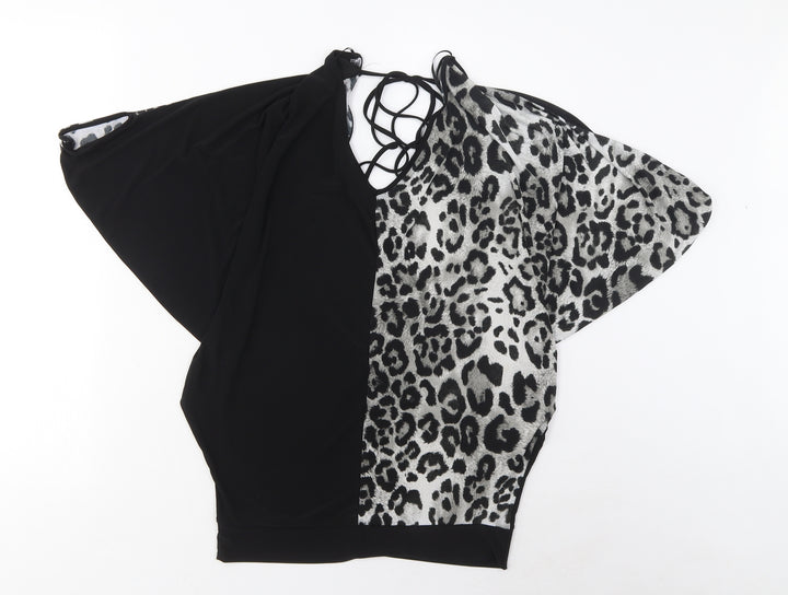 Tom Wolfe Womens Black Animal Print Polyester Basic T-Shirt Size 8 V-Neck