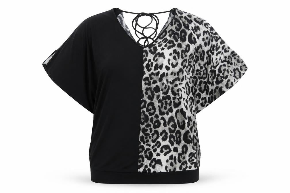 Front view of Tom Wolfe women’s black animal print polyester basic t-shirt, size UK 8, v-neck