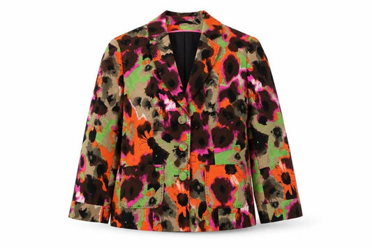 Front view of Marks & Spencer women’s multicoloured floral jacket blazer, size UK 10, button - pockets