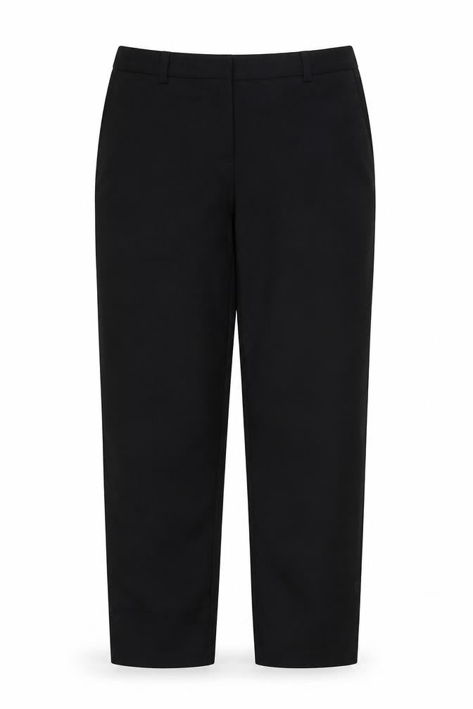Front view of Marks & Spencer women’s black polyester trousers, size UK 12, 30-inch leg regular hook & eye - pockets