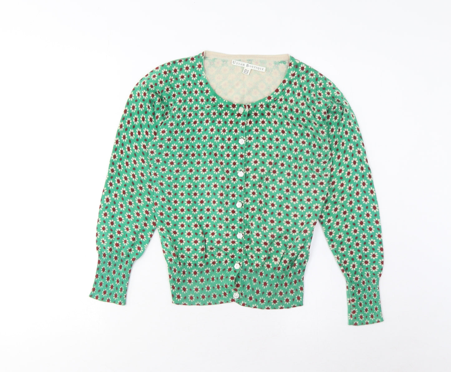 Uttam Boutique Womens Green Crew Neck Floral Cotton Cardigan Jumper Size 10 - Buttons