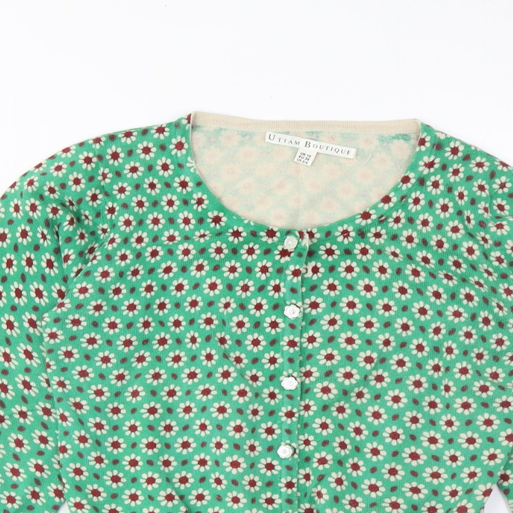 Uttam Boutique Womens Green Crew Neck Floral Cotton Cardigan Jumper Size 10 - Buttons