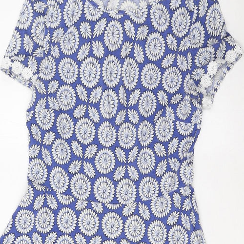 Dorothy Perkins Womens Blue Floral Cotton A-Line Size 14 Boat Neck Pullover - Crochet