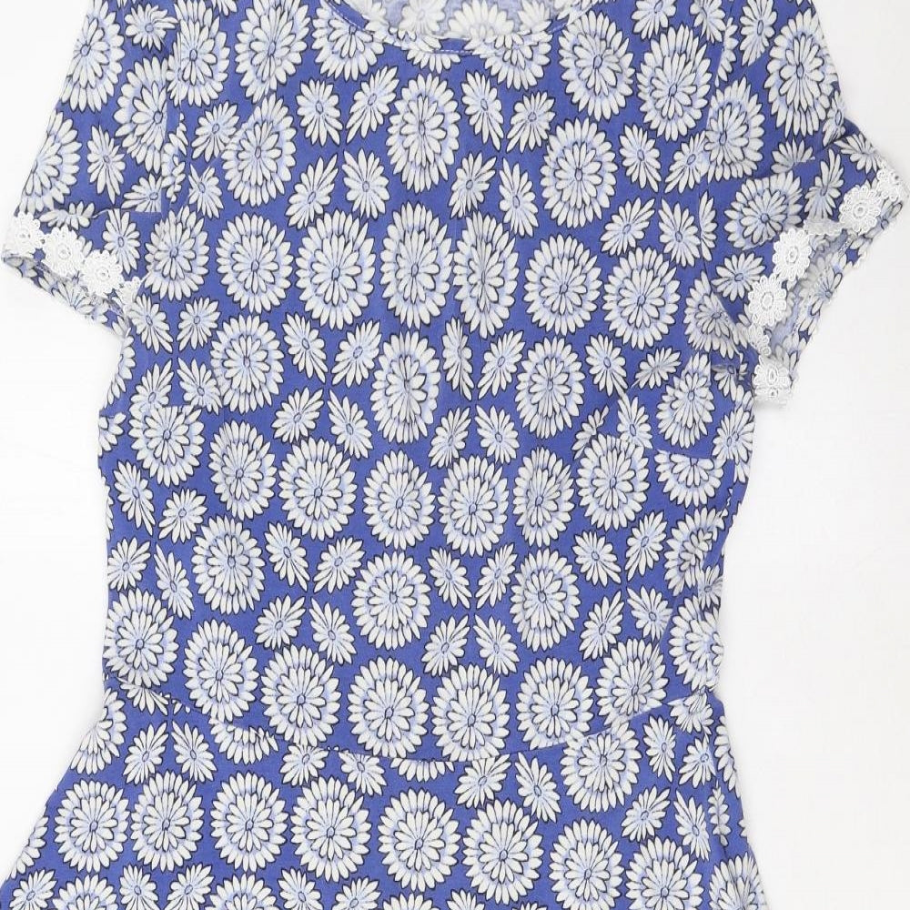 Dorothy Perkins Womens Blue Floral Cotton A-Line Size 14 Boat Neck Pullover - Crochet