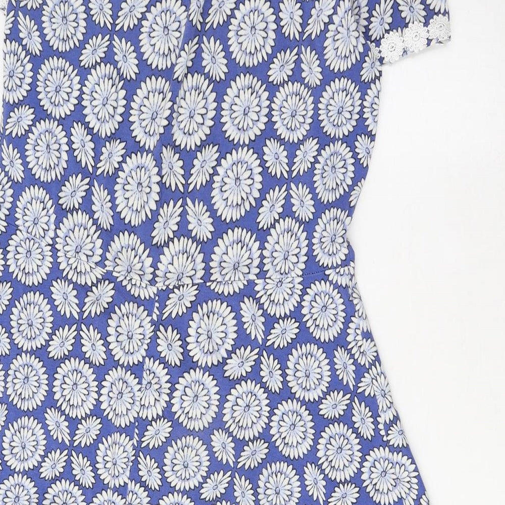 Dorothy Perkins Womens Blue Floral Cotton A-Line Size 14 Boat Neck Pullover - Crochet