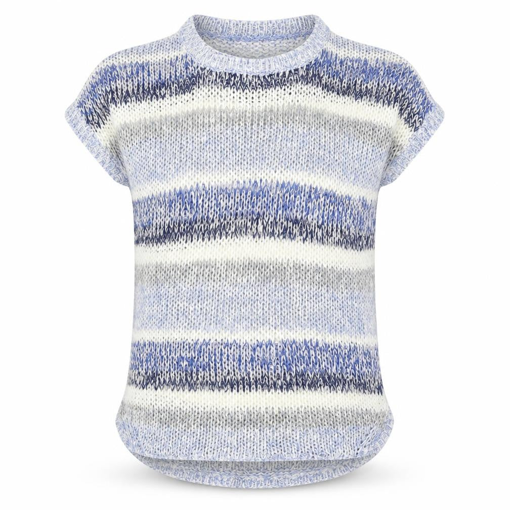 Front view of Intuition women’s multicoloured crew neck striped acrylic jumper, size UK 12, - 12/14