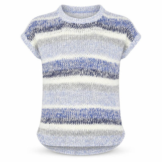 Front view of Intuition women’s multicoloured crew neck striped acrylic jumper, size UK 12, - 12/14