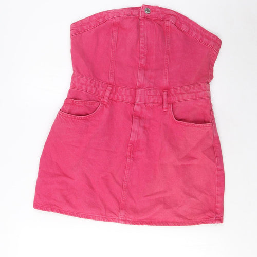 Zara Womens Pink Cotton A-Line Size L Square Neck Button - Pockets