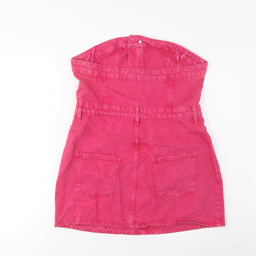 Zara Womens Pink Cotton A-Line Size L Square Neck Button - Pockets