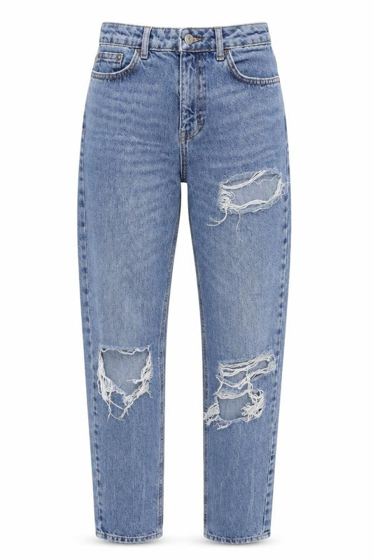 Front view of Topshop women’s blue cotton mom jeans, size UK 28, in, 34-inch leg regular zip - pockets