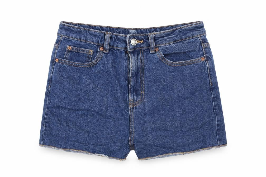 Front view of Denim & Co. women’s blue cotton basic shorts, size UK 10, 5-inch leg regular zip - pockets
