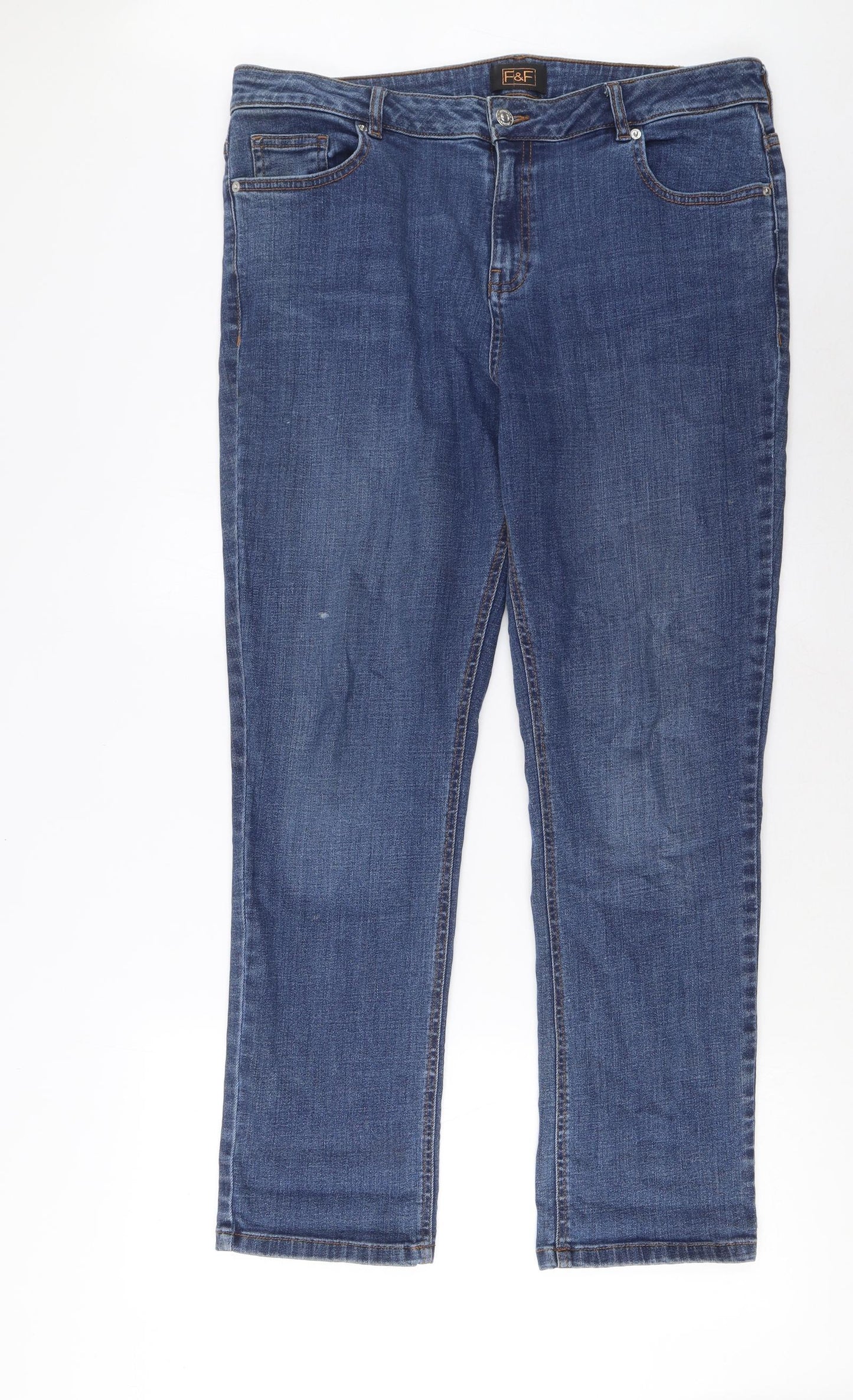 F&F Womens Blue Cotton Straight Jeans Size 18 L29 in Regular Zip - Pockets