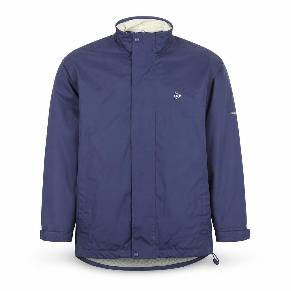 Front view of Dunlop men’s blue rain coat jacket, size L, zip