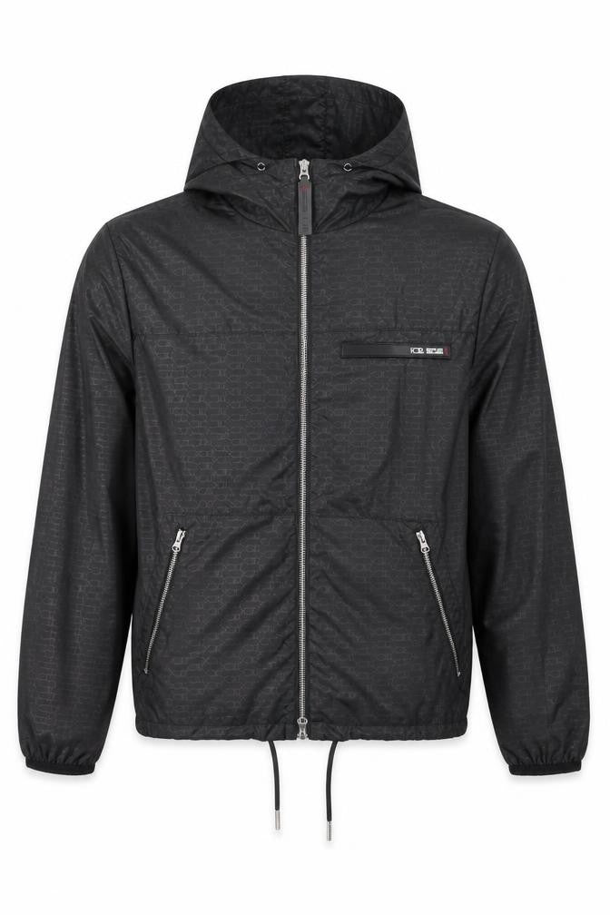 Front view of Noir men’s black geometric jacket, size S, zip - logo