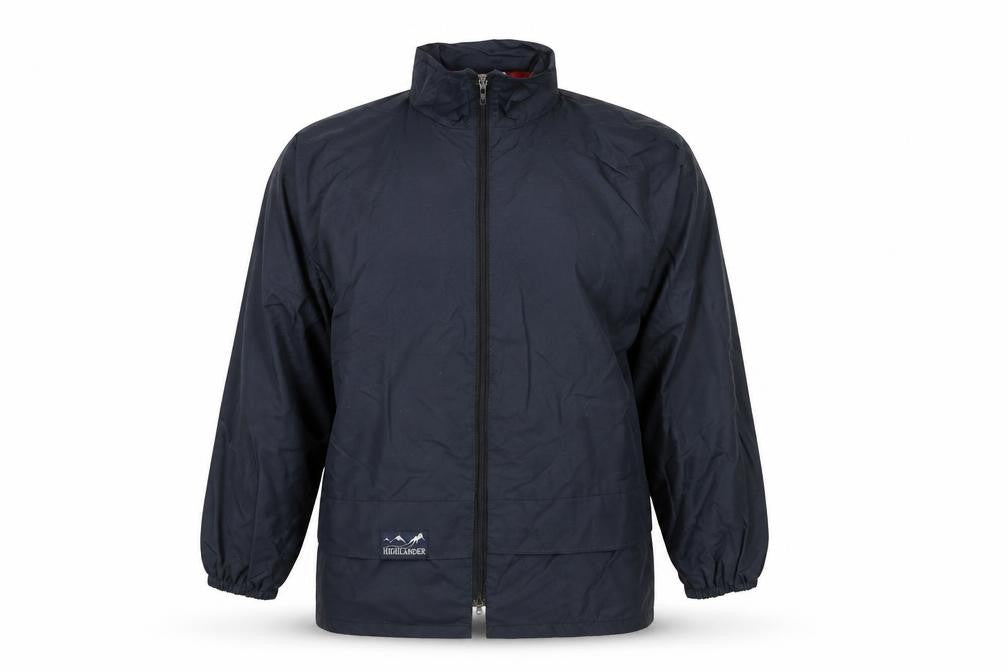Front view of Highlander men’s blue rain coat jacket, size M, zip - waterproof