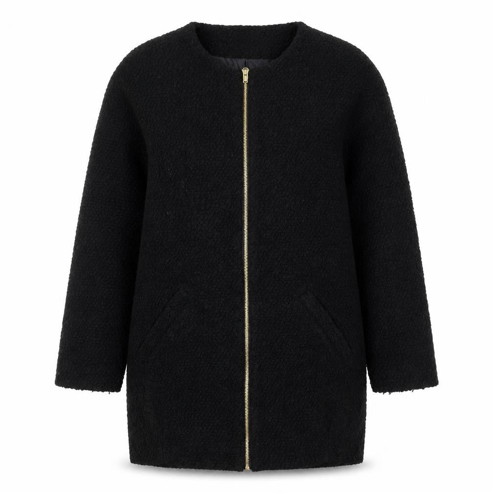 Front view of Golddigga women’s black overcoat coat, size UK 8, zip