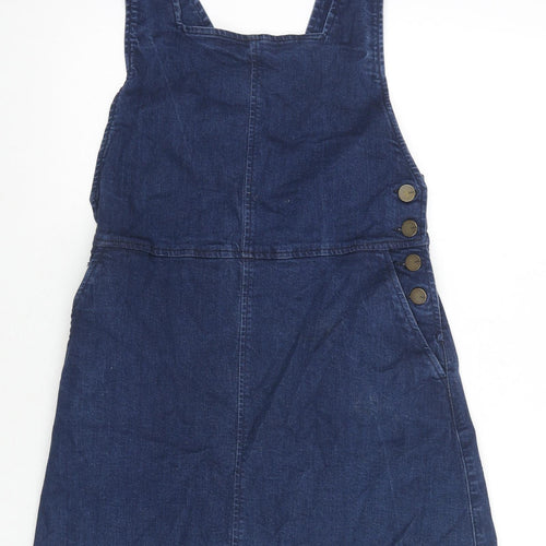 Oasis Womens Blue Cotton Pinafore/Dungaree Dress Size 10 Square Neck Button