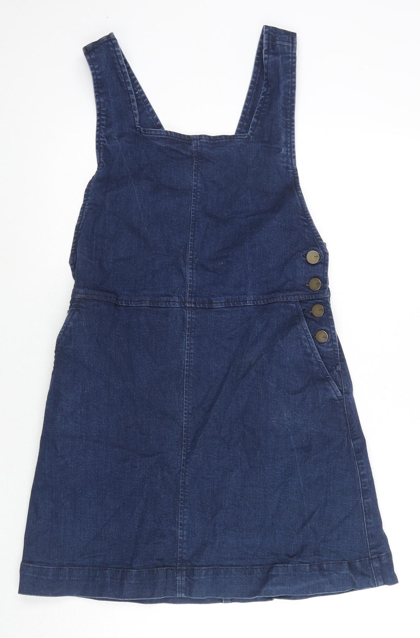 Oasis Womens Blue Cotton Pinafore/Dungaree Dress Size 10 Square Neck Button