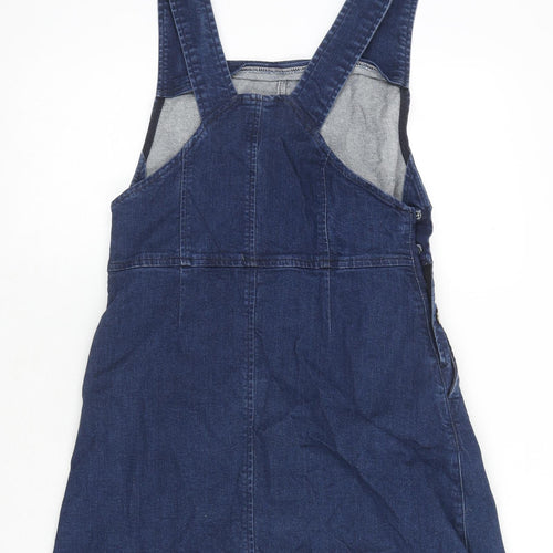 Oasis Womens Blue Cotton Pinafore/Dungaree Dress Size 10 Square Neck Button