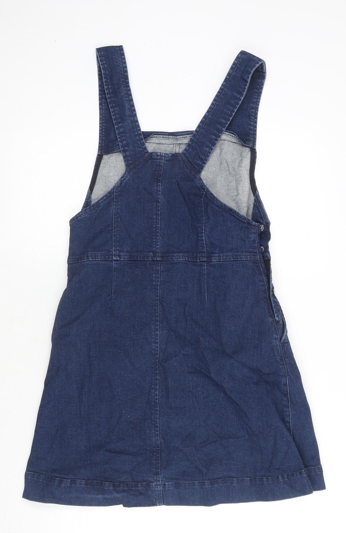 Oasis Womens Blue Cotton Pinafore/Dungaree Dress Size 10 Square Neck Button