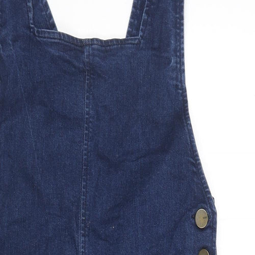 Oasis Womens Blue Cotton Pinafore/Dungaree Dress Size 10 Square Neck Button