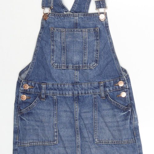 Marks and Spencer Girls Blue Cotton Pinafore/Dungaree Dress Size 8-9 Years Square Neck Buckle