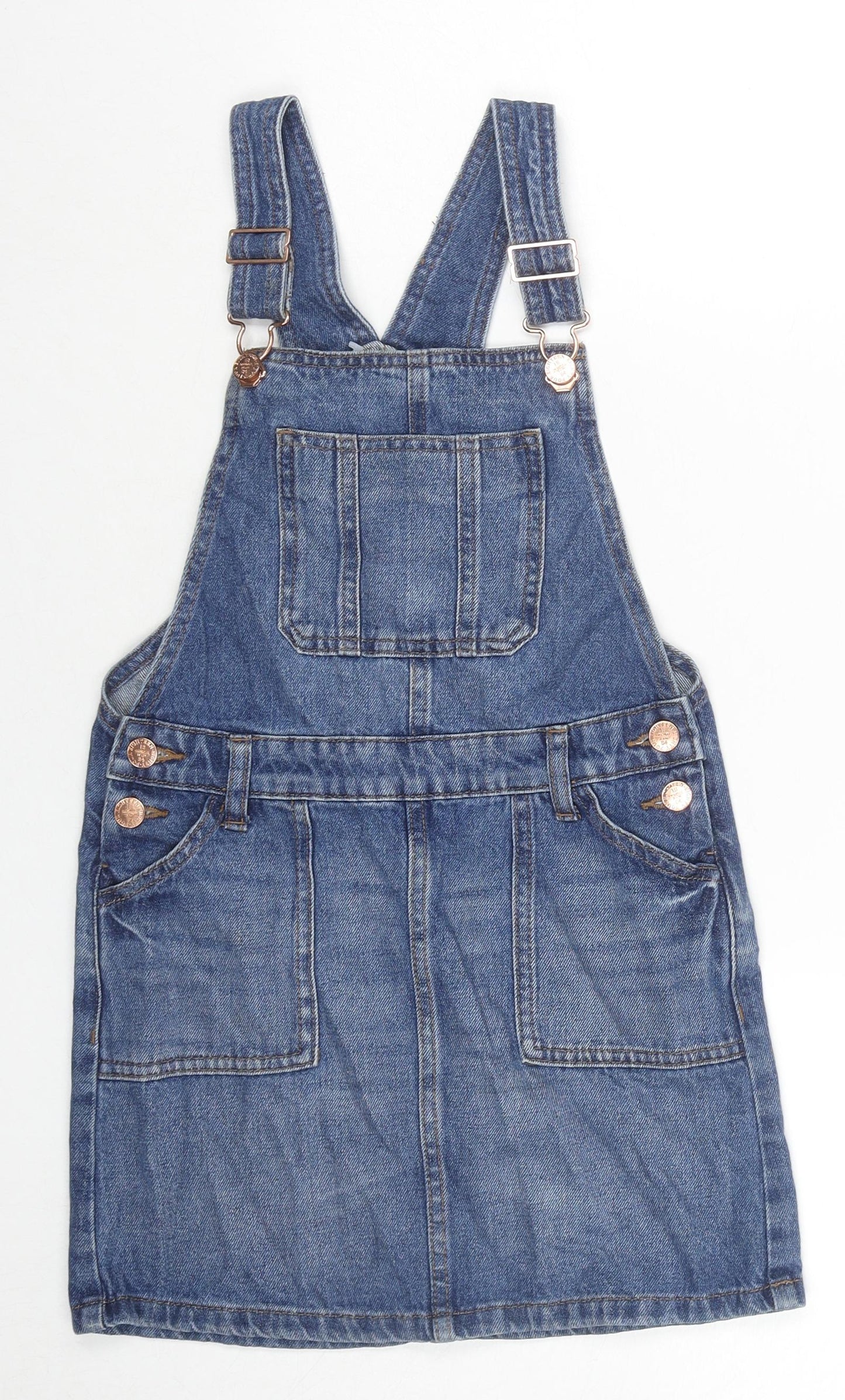 Marks and Spencer Girls Blue Cotton Pinafore/Dungaree Dress Size 8-9 Years Square Neck Buckle