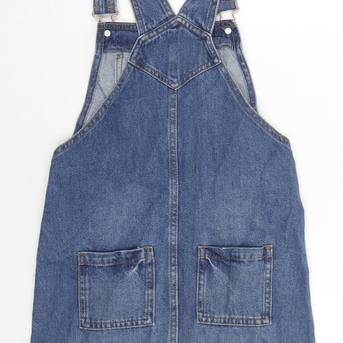 Marks and Spencer Girls Blue Cotton Pinafore/Dungaree Dress Size 8-9 Years Square Neck Buckle