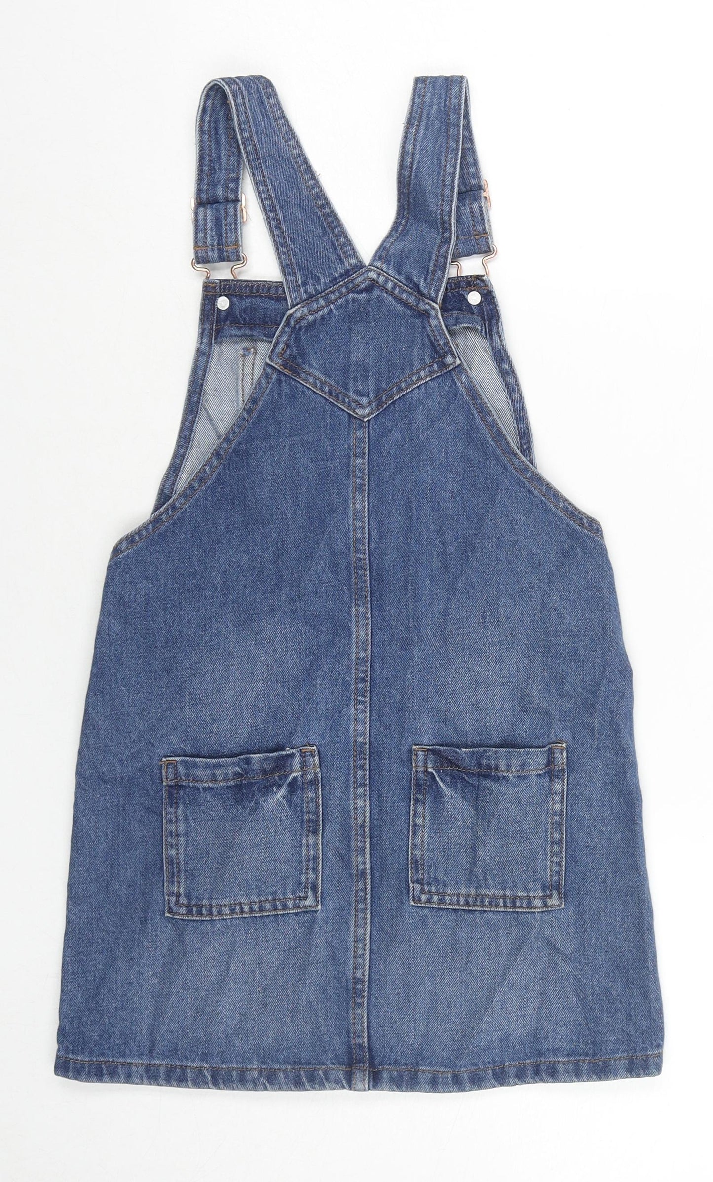 Marks and Spencer Girls Blue Cotton Pinafore/Dungaree Dress Size 8-9 Years Square Neck Buckle