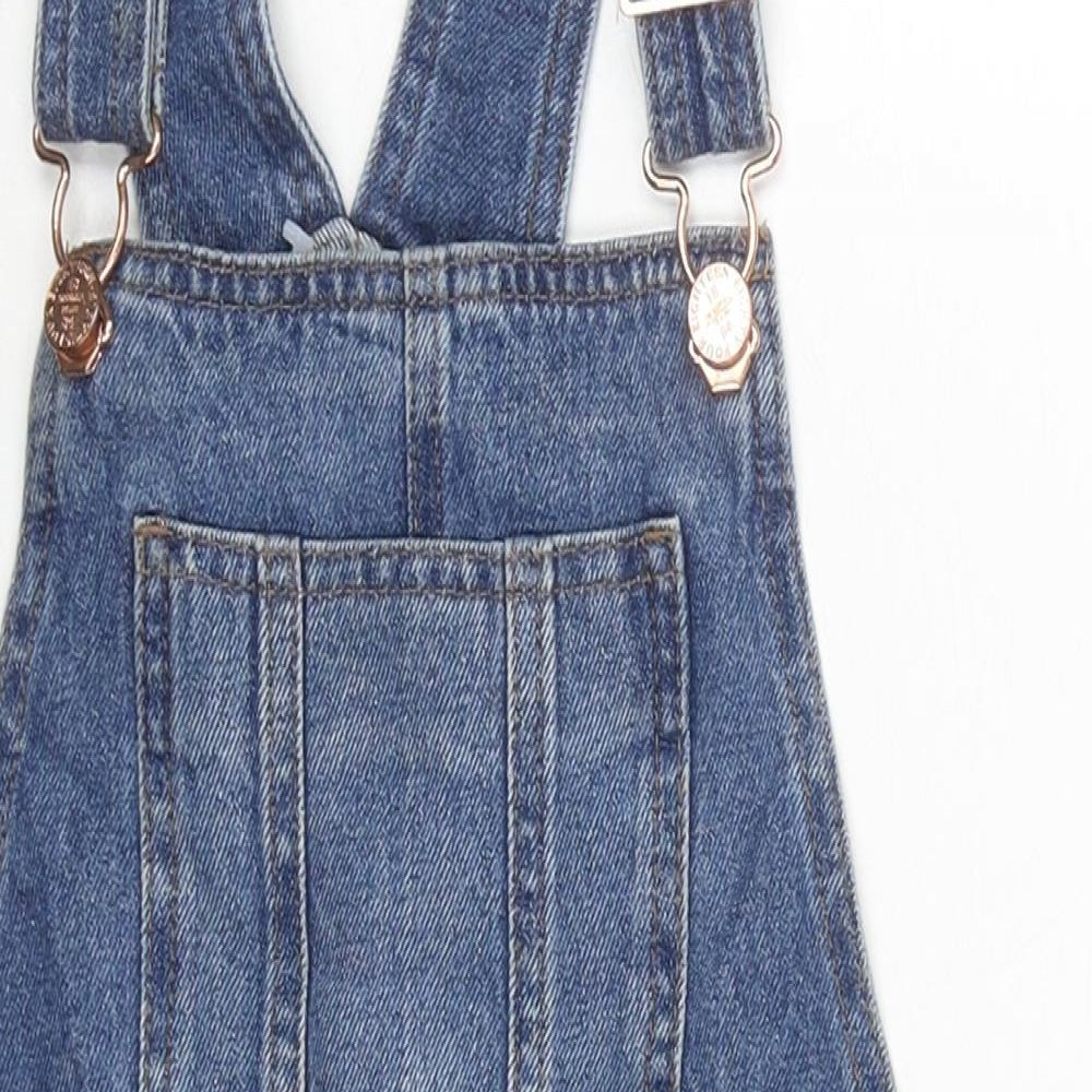 Marks and Spencer Girls Blue Cotton Pinafore/Dungaree Dress Size 8-9 Years Square Neck Buckle