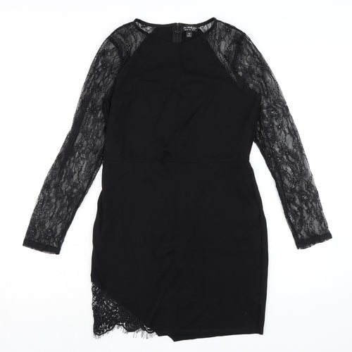 Miss Selfridge Womens Black Viscose Pencil Dress Size 12 Round Neck Zip - Lace Sleeves
