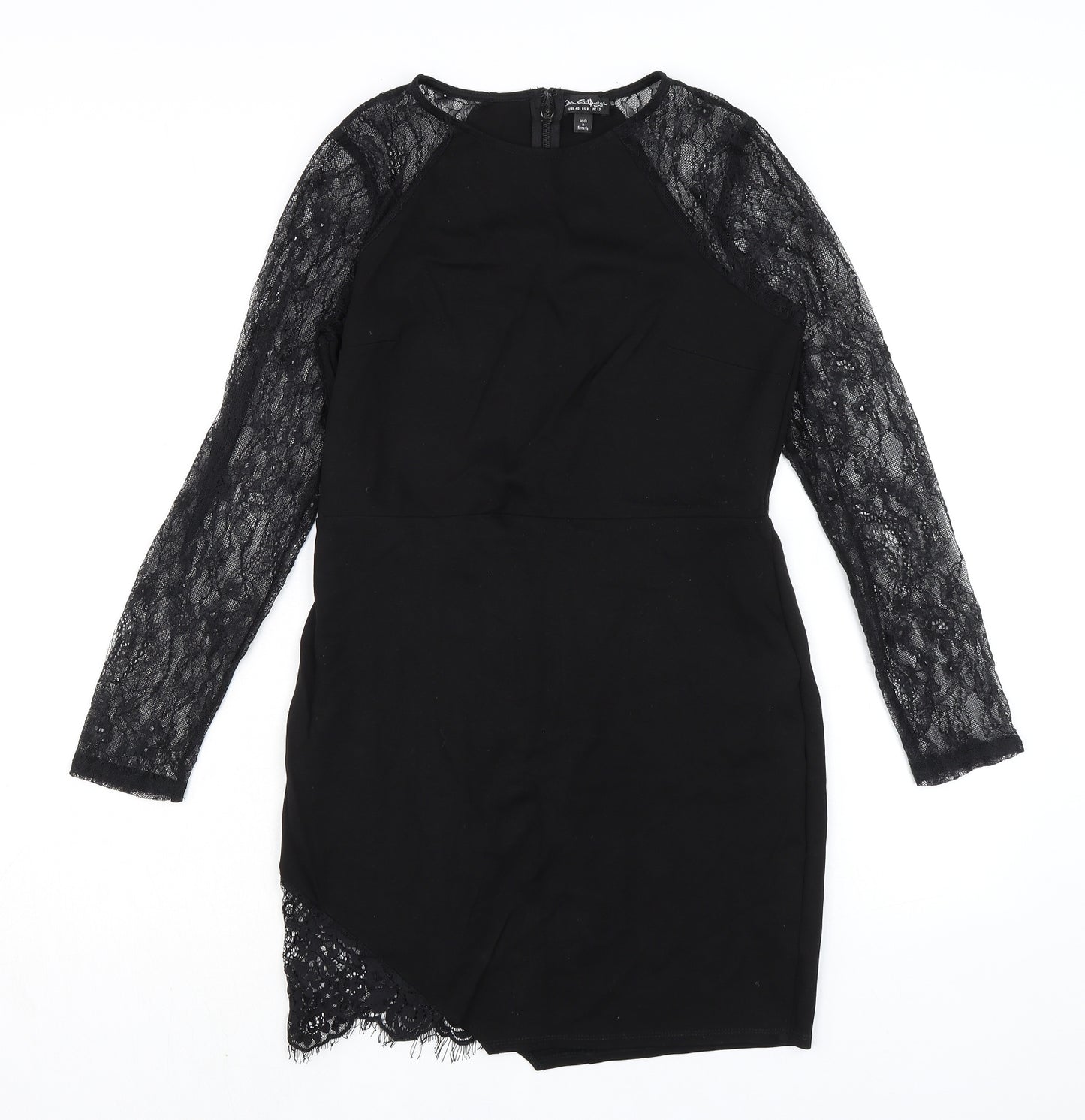 Miss Selfridge Womens Black Viscose Pencil Dress Size 12 Round Neck Zip - Lace Sleeves