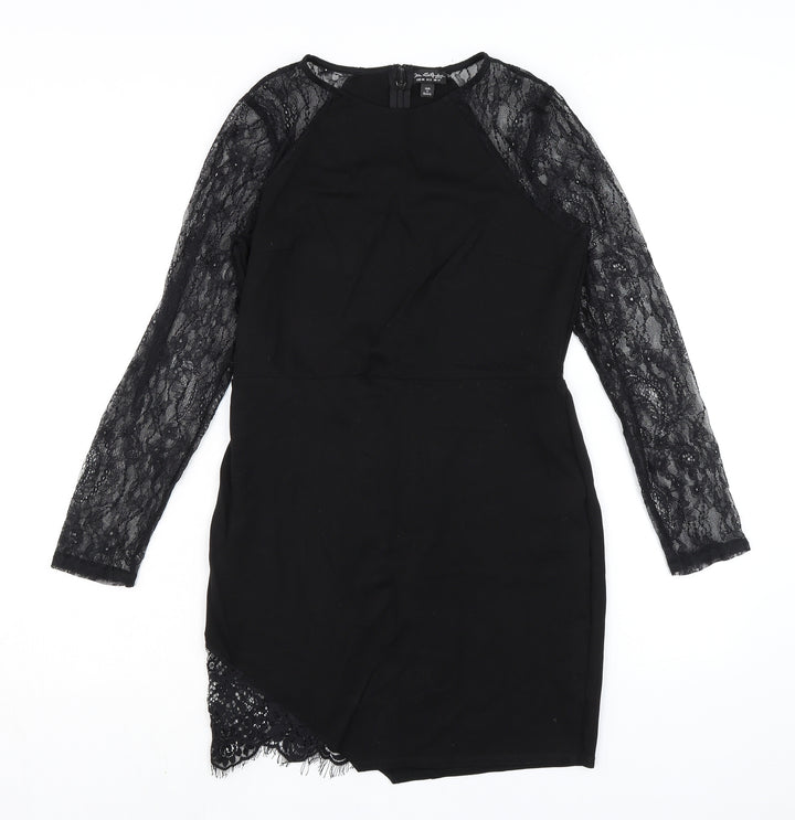 Miss Selfridge Womens Black Viscose Pencil Dress Size 12 Round Neck Zip - Lace Sleeves