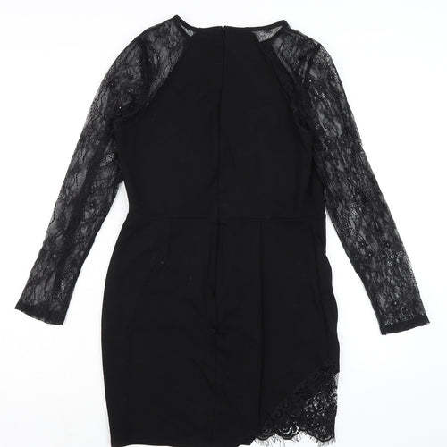 Miss Selfridge Womens Black Viscose Pencil Dress Size 12 Round Neck Zip - Lace Sleeves