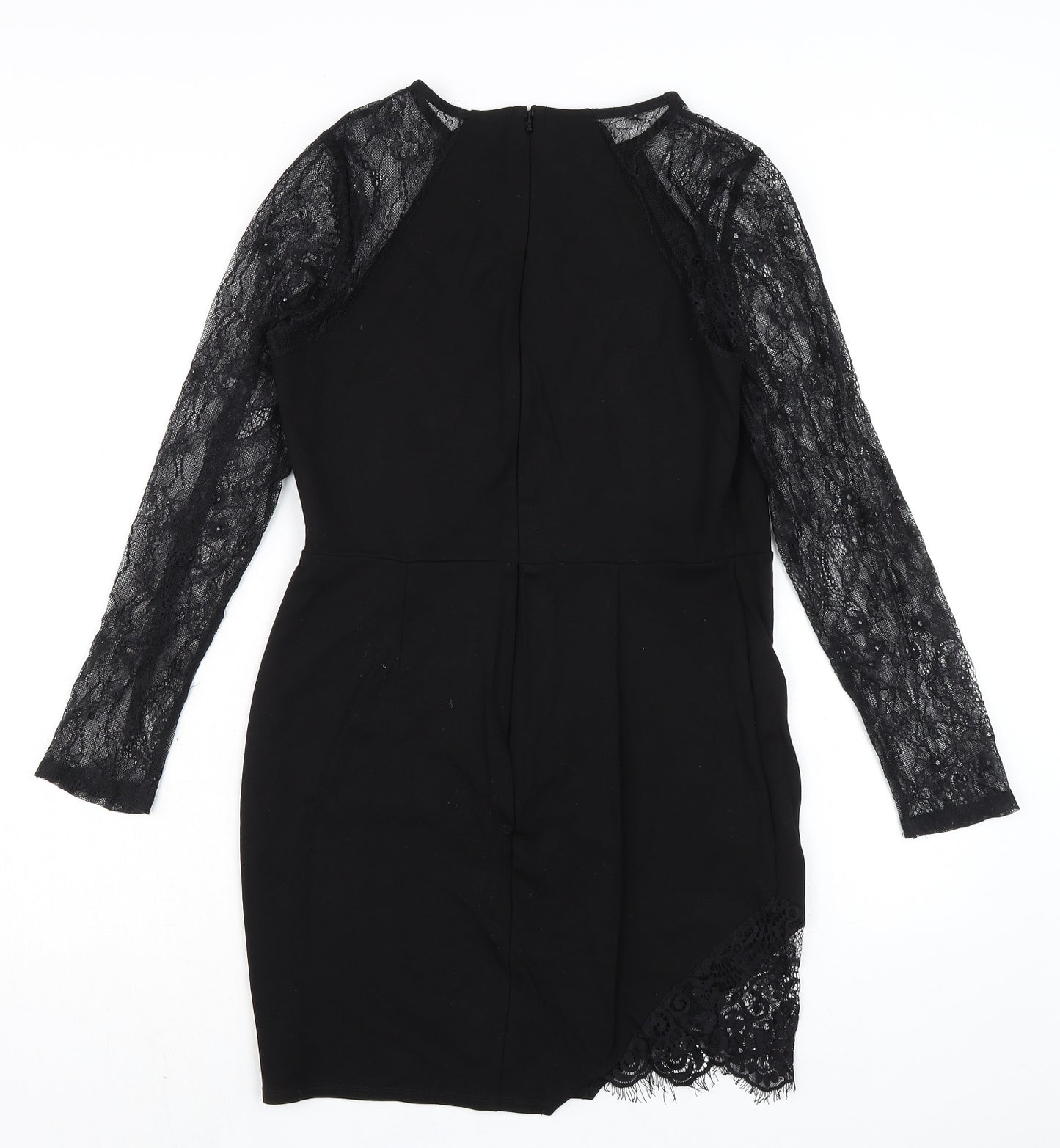 Miss Selfridge Womens Black Viscose Pencil Dress Size 12 Round Neck Zip - Lace Sleeves