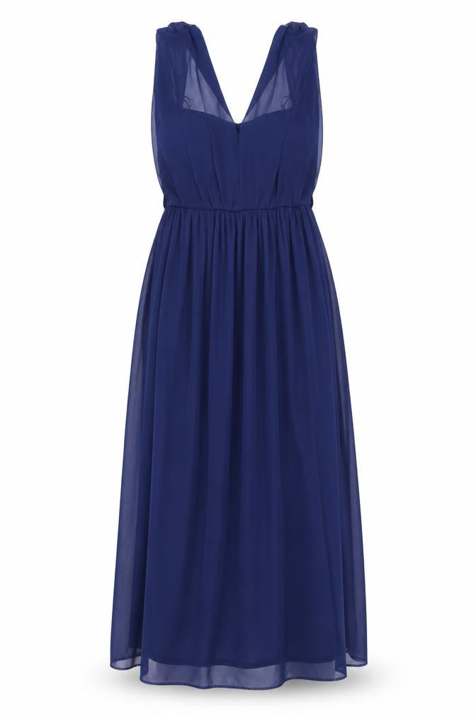 Front view of Next women’s blue polyester a-line, size UK 10, off the shoulder zip - draped shoulders